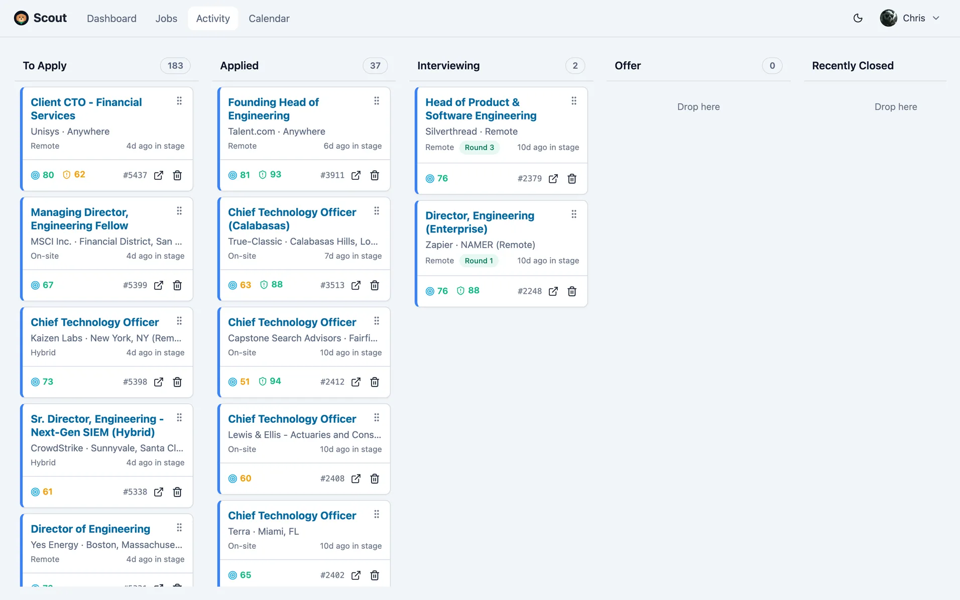 Scout's Activity board: a kanban pipeline of jobs moving through applied, interviewing, and offer lanes