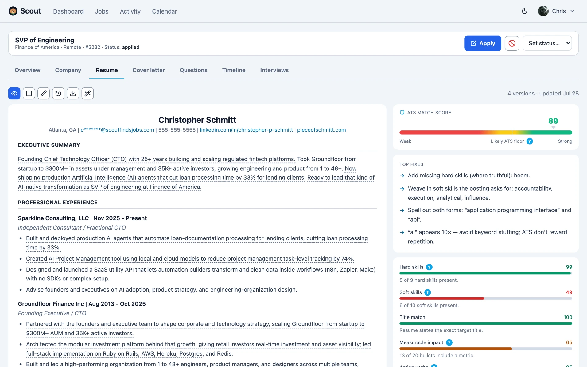 A résumé and cover letter Scout drafted for one specific posting, with its ATS match score beside them